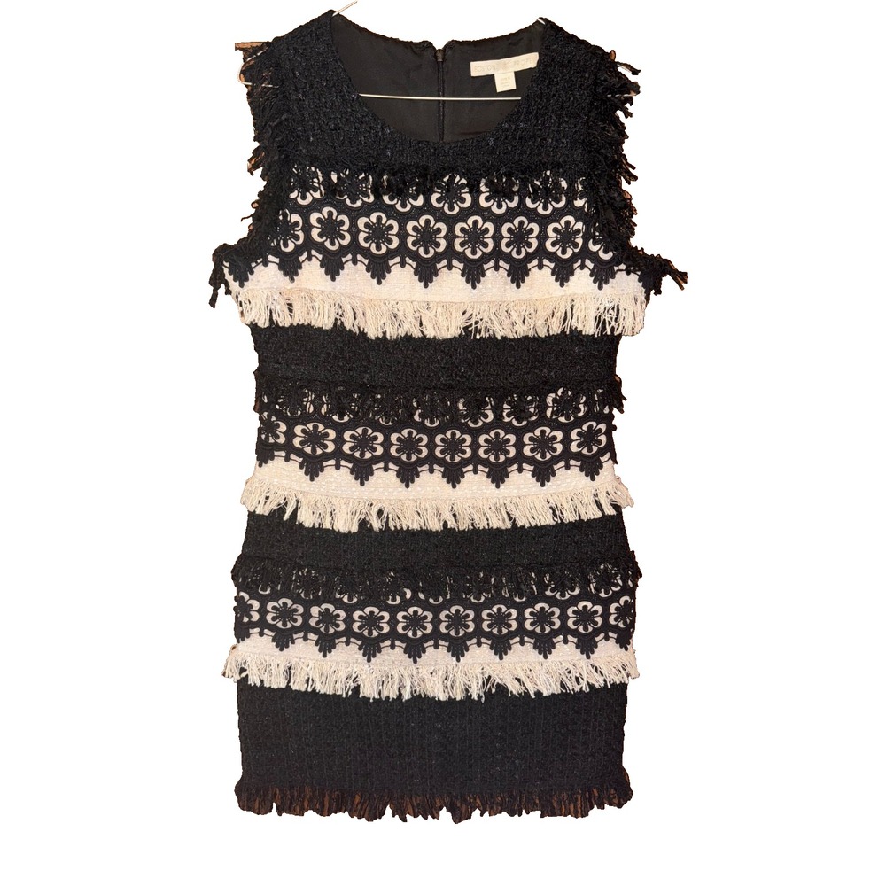 Boston Proper women sz 6 Black fringed Stretch Sheath Dress black white stripe